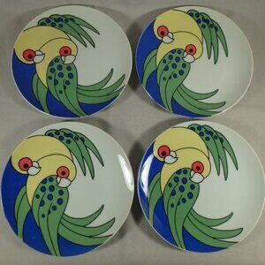 4 Fitz & Floyd Variations Parrots Birds 7" Salad Dessert Plates Dish Japan 1974